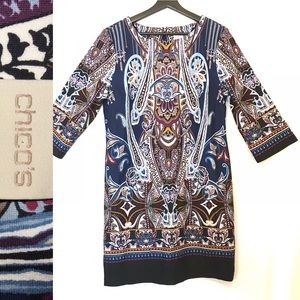 CHICOS NWOT Navy Multi Color Print Knit Dress
